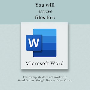 Może przedstawiać: Niebieska ikona programu Microsoft Word z literą "W" w białym kwadracie. Tekst "Microsoft Word" znajduje się pod ikoną. Tekst "Ten szablon nie działa z Word Online, Google Docs ani Open Office" znajduje się pod ikoną.
