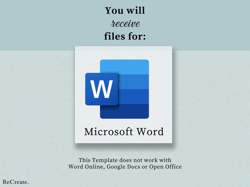 Może przedstawiać: Niebieska ikona programu Microsoft Word z literą "W" w białym kwadracie. Tekst "Microsoft Word" znajduje się pod ikoną. Tekst "Ten szablon nie działa z Word Online, Google Docs ani Open Office" znajduje się pod ikoną.