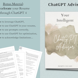 Może przedstawiać: Cyfrowy przewodnik zatytułowany "ChatGPT Advisor: Your Intelligent ChatGPT Advisor" z akwarelowym tłem w odcieniach zieleni i brązu. Tekst "Prompts | Use Cases" znajduje się na dole strony.