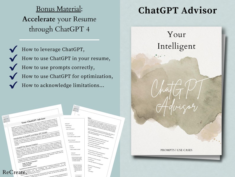 Może przedstawiać: Cyfrowy przewodnik zatytułowany "ChatGPT Advisor: Your Intelligent ChatGPT Advisor" z akwarelowym tłem w odcieniach zieleni i brązu. Tekst "Prompts | Use Cases" znajduje się na dole strony.