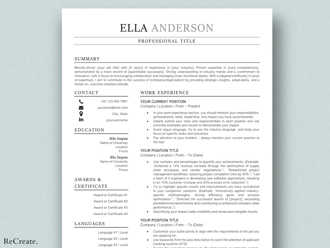 Professional 2025 Resume Template Incl. Cover Letter & References Stand