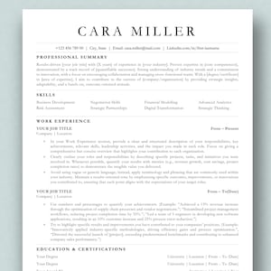 Puede incluir: Una plantilla de currículum vitae en blanco y negro con el nombre Cara Miller en la parte superior. El currículum vitae incluye secciones para el resumen profesional, las habilidades, la experiencia laboral y la educación y las certificaciones.