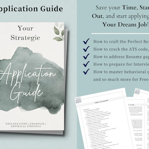 Może przedstawiać: Przewodnik zatytułowany "Your Strategic Application Guide" z akwarelowym tłem i tekstem "Explanations | Examples | Empirical Findings" na dole. Przewodnik dotyczy tego, jak oszczędzać czas, wyr&oacute;żniać się i rozpocząć aplikowanie o pracę swoich marzeń. Zawiera wskaz&oacute;wki dotyczące tworzenia CV, rozszyfrowania kodu ATS, rozwiązywania luk w CV, przygotowania do rozm&oacute;w kwalifikacyjnych i opanowania pytań behawioralnych.