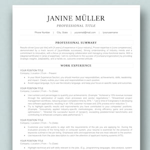 May include: A black and white resume template with the name Janine Müller at the top. The resume includes a professional summary, work experience, and a section for the job seeker to add their position title, company, location, and dates of employment.