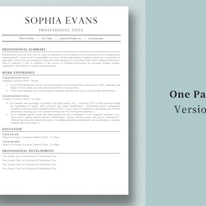Może przedstawiać: Czarno-biały szablon CV z tytułem "Sophia Evans" i nagł&oacute;wkiem "Tytuł zawodowy". CV zawiera sekcje dotyczące podsumowania zawodowego, doświadczenia zawodowego, wykształcenia i rozwoju zawodowego.