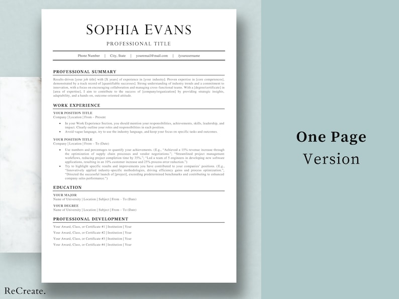 Może przedstawiać: Czarno-biały szablon CV z tytułem "Sophia Evans" i nagł&oacute;wkiem "Tytuł zawodowy". CV zawiera sekcje dotyczące podsumowania zawodowego, doświadczenia zawodowego, wykształcenia i rozwoju zawodowego.