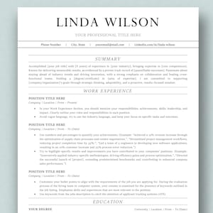 May include: A black and white resume template with the text "LINDA WILSON" at the top. The resume includes sections for summary, work experience, and education.