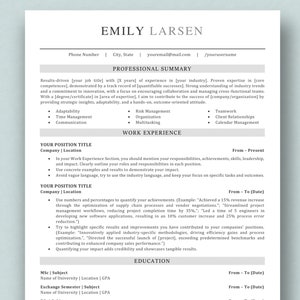 May include: A black and white resume template with the name Emily Larsen at the top. The resume includes sections for professional summary, work experience, and education. The template provides tips for writing a resume, including using numbers and percentages to quantify achievements and highlighting specific results and improvements.