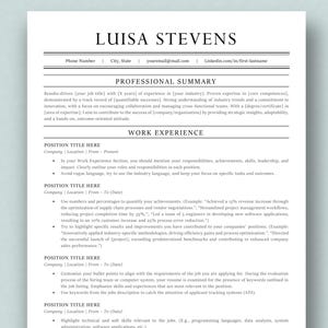 May include: A resume template with the name "Luisa Stevens" at the top. The document is white with black text, including sections for professional summary and work experience. The text is formatted with bullet points and headings.