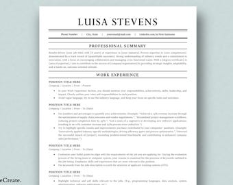 Può includere: Un modello di curriculum vitae bianco con il nome "Luisa Stevens" in alto. Il documento presenta sezioni per il riepilogo professionale e l'esperienza lavorativa, con testo nero e punti elenco. Il layout è pulito e professionale.
