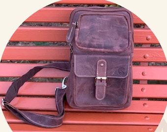 Waxed Canvas Sling Bag, Canvas Crossbody Bag, Crossbody Sling Bag, Leather Chest Bag, Crazy Horse Crossbody Bag, Small Crossbody Bag
