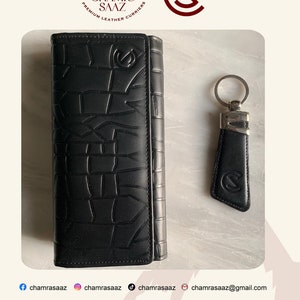 Cartera larga de cuero para mujer, cartera larga hecha a mano, cartera de cuero negra, cartera para teléfono, cartera delgada, regalo de dama de honor, llavero gratis