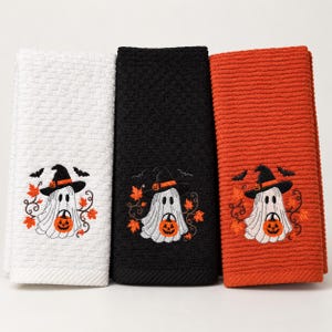 Embroidered Halloween Ghost Towels, Black and White Pair, Spooky Kitchen Decor