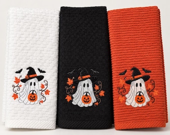 Asciugamani ricamati con fantasmi di Halloween, coppia in bianco e nero, decorazione spettrale per la cucina.