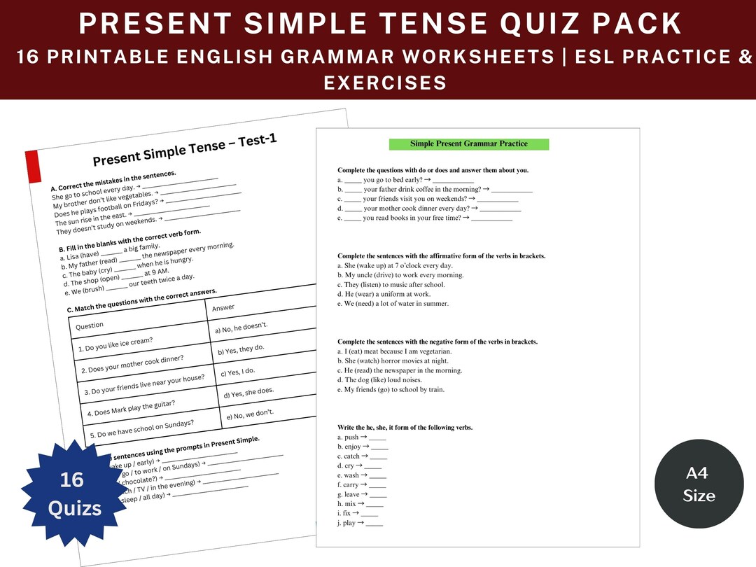Present Simple Tense Quiz Pack – 16 Printable English Grammar ...
