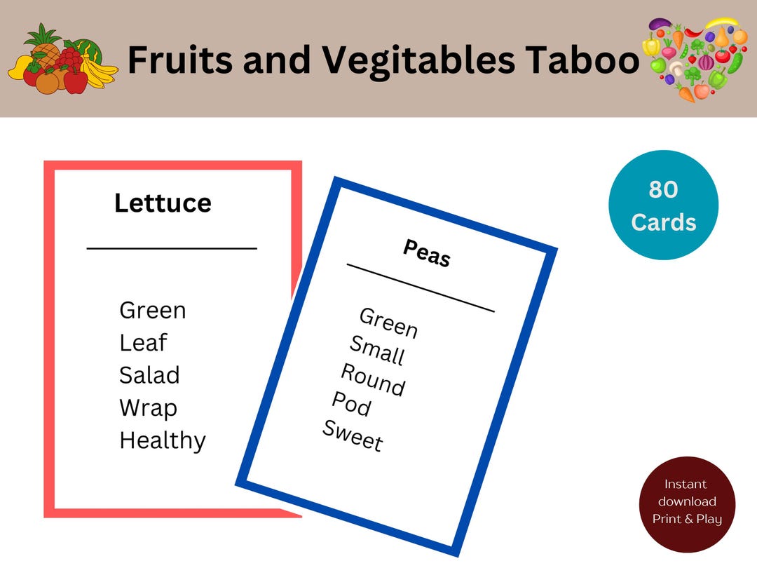 Kids Taboo Game, Printable Taboo Game for Kids, Family Card Games, Kids Forbidden Word- Fruits ...