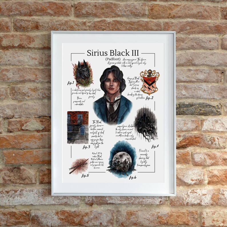 Printable Character Field Guide Bookish Gifts Sirius Black Harry Potter Hogwarts Watercolour