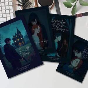Cartes postales illustrées inspirées d'Adeline obsédante | Jeu de 4 cartes de fanart gothique | Dark Romance Aesthetic Zaddy Zade Meadows Duo chat et souris