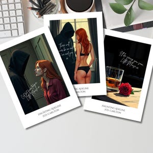 Cartes postales illustrées inspirées d'Adeline obsédante | Jeu de 3 cartes de fanart gothique | Dark Romance Aesthetic Zaddy Zade Meadows Duo chat et souris