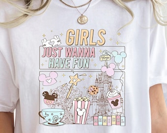 Retro 90s Disneyland Castle Girls Just Wanna Have Fun Trip T-shirt, Minnie and Daisy Girls Couples Girl Trip Tee, Disney Girls Trip Shirt
