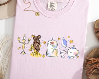 Camiseta Comfort Colors® de acuarela de la princesa Bella de Disney, camiseta de La Bella y la Bestia, cuento tan antiguo como el tiempo, camiseta de Disney con estética femenina para viajes de chicas