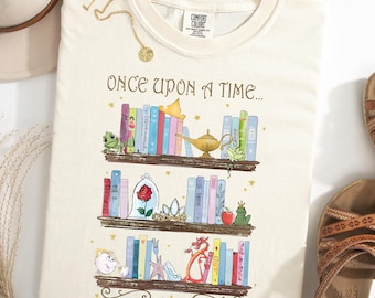 Comfort Colors® Disney Bookshelf Princess Watercolor Once Upon A Time T-shirt, Belle Tiana Mulan Tiana Shirt, Belle's Library Tee