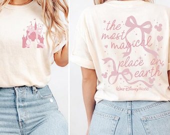 Comfort Colors® Retro Cinderella Castle Coquette Bow 2 Side Shirt, The Most Magical Place On Earth Tee, Walt Disney World Family Trip Shirt