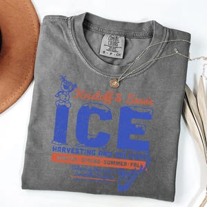 May include: A gray Comfort Colors t-shirt with a blue and orange graphic that reads "Kristoff & Sven's ICE Harvesting and..." The shirt has a crew neck and short sleeves. A silver necklace with a pendant is on the shirt.