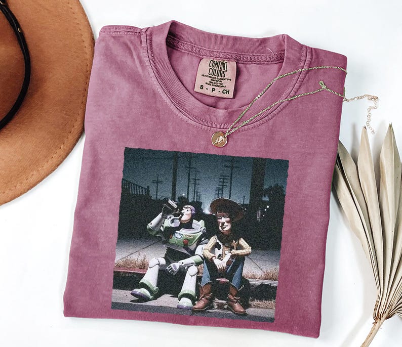 May include: A mauve short-sleeved t-shirt featuring a graphic print of two animated characters sitting on a curb at night. The inner neck label reads Comfort Colors, 100% cotton, made in Honduras, size S-CH. A gold-toned necklace rests on the fabric.