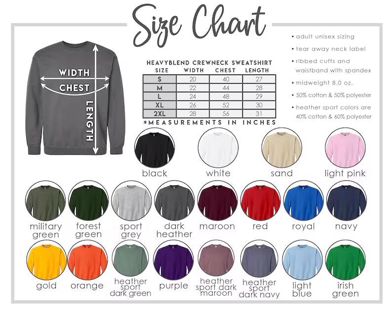 Puede incluir: Una tabla de tallas para sudaderas de cuello redondo Heavyblend. La tabla incluye medidas en pulgadas para el ancho, el pecho y el largo, junto con una paleta de colores que incluye negro, blanco, arena, rosa claro y otros colores. La tabla tambi&eacute;n incluye detalles sobre las caracter&iacute;sticas de la sudadera.