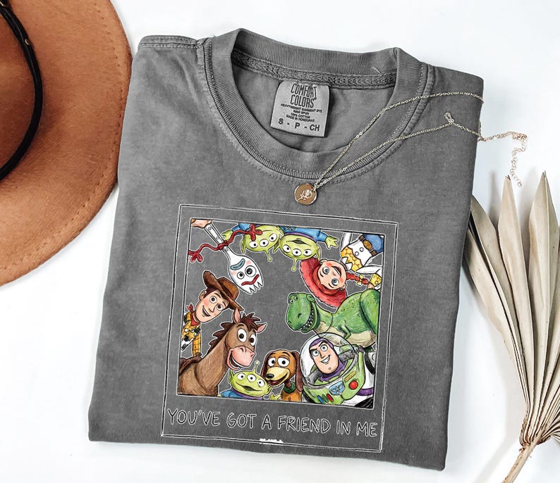Puede incluir: Una camiseta gris Comfort Colors con un gr&aacute;fico colorido de personajes de Toy Story, incluyendo a Woody y Buzz Lightyear. El texto "YOU'VE GOT A FRIEND IN ME" est&aacute; impreso debajo. Un collar dorado est&aacute; sobre la camiseta. Talla S.