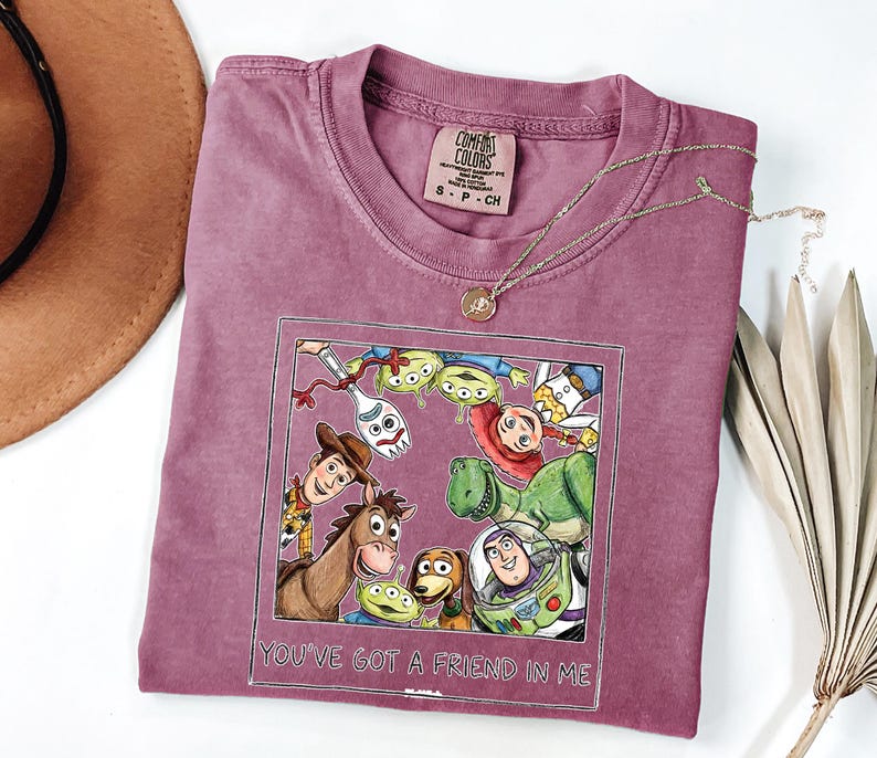 Puede incluir: Una camiseta Comfort Colors malva con un gr&aacute;fico colorido de personajes de Toy Story. El gr&aacute;fico est&aacute; enmarcado con un borde blanco e incluye el texto "You've Got a Friend in Me". Un collar de oro con un colgante est&aacute; sobre la camiseta.