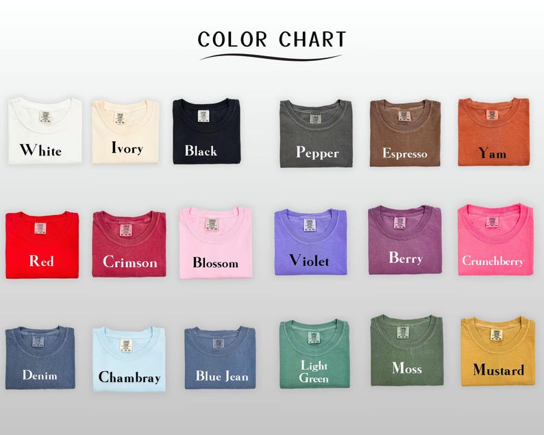 May include: Color chart featuring folded t-shirts in various colors, including white, black, red, and blue. The chart displays the names of the colors, such as "Ivory," "Pepper," "Berry," and "Mustard."