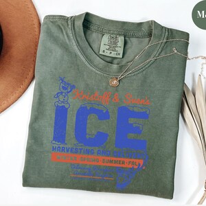 May include: A moss green t-shirt with a graphic that reads "Kristoff & Sven's ICE Harvesting and Delivery". The text is in blue and red. A gold necklace with a pendant is on the shirt.