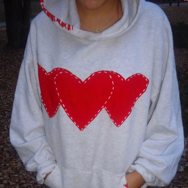 Triple Hearts Patchwork Hoodie Embroidered Heart Patchwork Hoodie Trendy Hoodie Sweatshirt Viral Hoodie Crewneck Cozy Outfit Custom Apparel