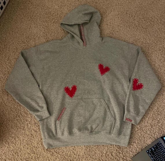 Triple Hearts Patchwork Hoodie Embroidered Heart Patchwork