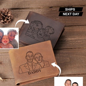 Cartera con boceto personalizado a partir de una foto, carteras de cuero grabadas, cartera para hombre con foto, cartera de aniversario para el esposo, regalo de cumpleaños conmemorativo