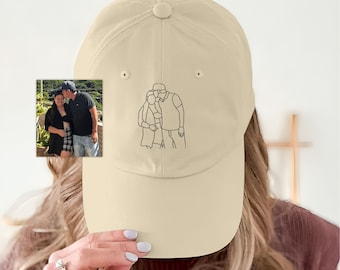 Embroidered Dad Outline Sketch Photo Hats, Personalized Family Matching Caps, Unisex Comfy Colors Cap, Portrait Dad Hats, Father's Day Gifts