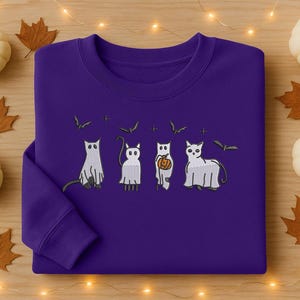 Halloween Embroidered Cat Sweatshirt, Black Cat Halloween Crewneck Sweater, Cat Lovers Jumper, Halloween Ghost Sweater, Fall Season Gifts