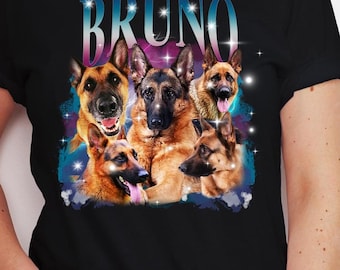 Może przedstawiać: Czarna koszulka z grafiką przedstawiającą pięć owczarków niemieckich i imię "BRUNO". Psy są przedstawione z wystawionym językiem na tle kolorowego, kosmicznego tła z gwiazdami.