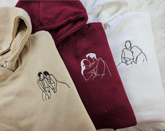 Embroidered Photo Hoodie, Photo Portrait Hoodie for Couples, Couple Matching Hoodies, Sketch Portrait Hoodies, Anniversary Gifts For Him