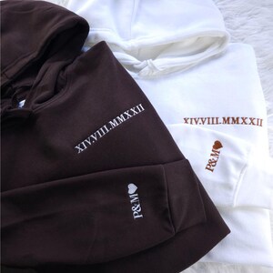 Roman Numeral Embroidered Couple Hoodies, Personalised Valentines Day Jumper, Custom Initials With Heart on Sleeve Hoodie, Boyfriend Gifts