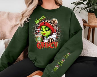 Gepersonaliseerde Grinch Mama-sweatshirts, Grinchmas Mama-kersttrui, aangepaste kindernamen op mouwtruien, speciaal kerstcadeau voor moeder