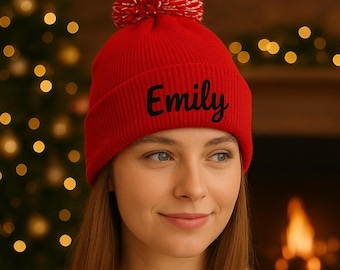 Custom Embroidered Pom Pom Beanie, Personalised Beanies Hat, Company Name Beanie Gift, Winter Hat for Men's Women, Christmas Gifts For Her
