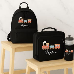 Personalisierte Zug Rucksack-Set, Jungen und Mädchen Zug Kinder gedruckt Tasche, Zug Lunch Bag, Back To School Geschenke Set, lustiges Geschenk für Kinder