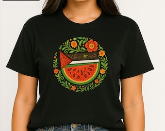 Floral Palestine T-Shirt, Watermelon Palestine Shirt, Human Rights Support Shirt, Palestine Printed Tee Top, Gaza March Outfit, Muslim Gifts