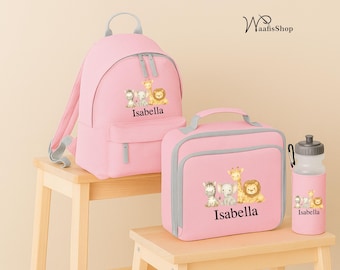 Personalised Safari Backpack Set, Custom Kids Rucksack Lunch Bag & Bottle, Cute Animal Printed Bag, Back to School Gift, Best Gift for Kids