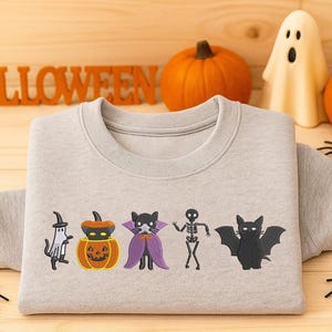 Halloween Cat Embroidered Sweatshirt, Ghost Pumpkin Cat Halloween Crewneck Jumper, Cat Lover Gift, Autumn Fall Season Jumper, Halloween Gift