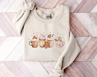 Christmas Coffee Sweatshirt, Christmas Gingerbread Women Printed Jumper, Holiday Crewneck sweater, Xmas Outfit, Coffee Lover Christmas Gifts