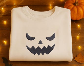 Sudadera de Halloween con cara de Jack-O-Lantern bordada, suéter de calabaza de temporada espeluznante, jersey de cuello redondo de Halloween, regalo para ella, regalo de Halloween